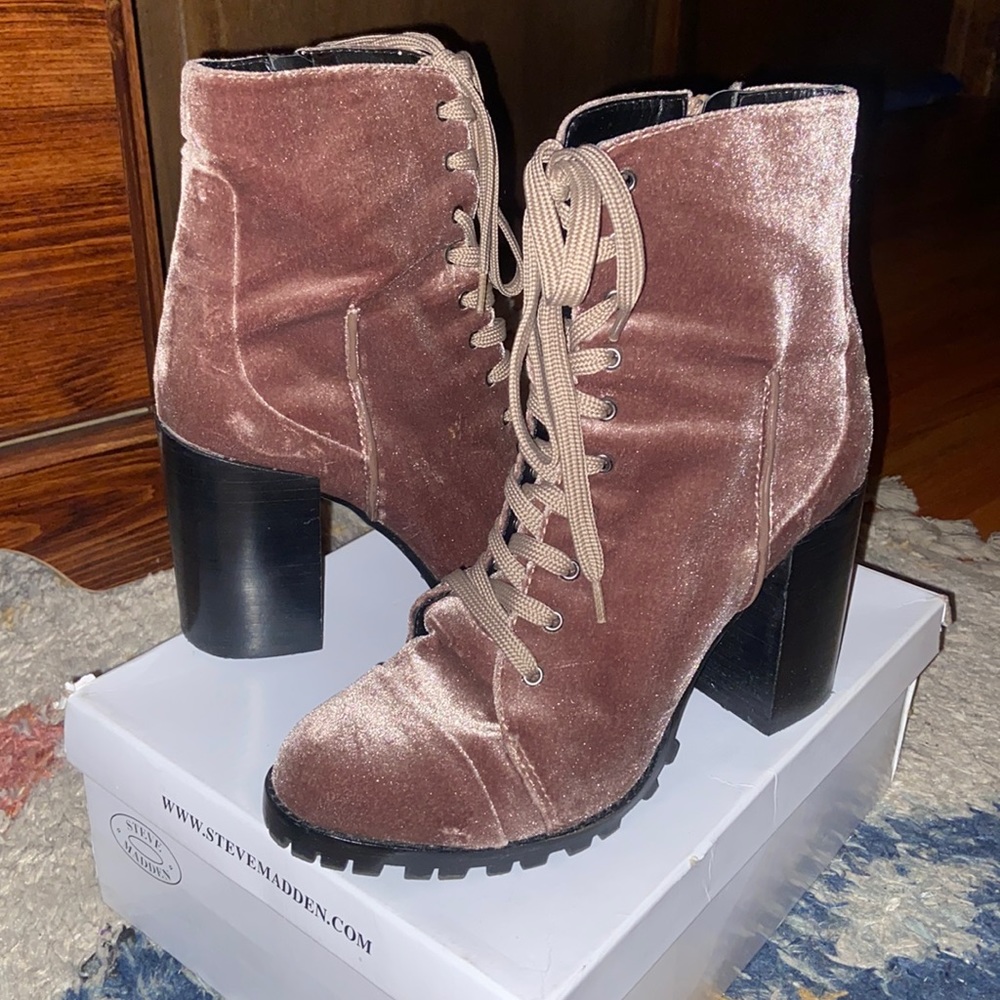 Rose gold velvet heels boots